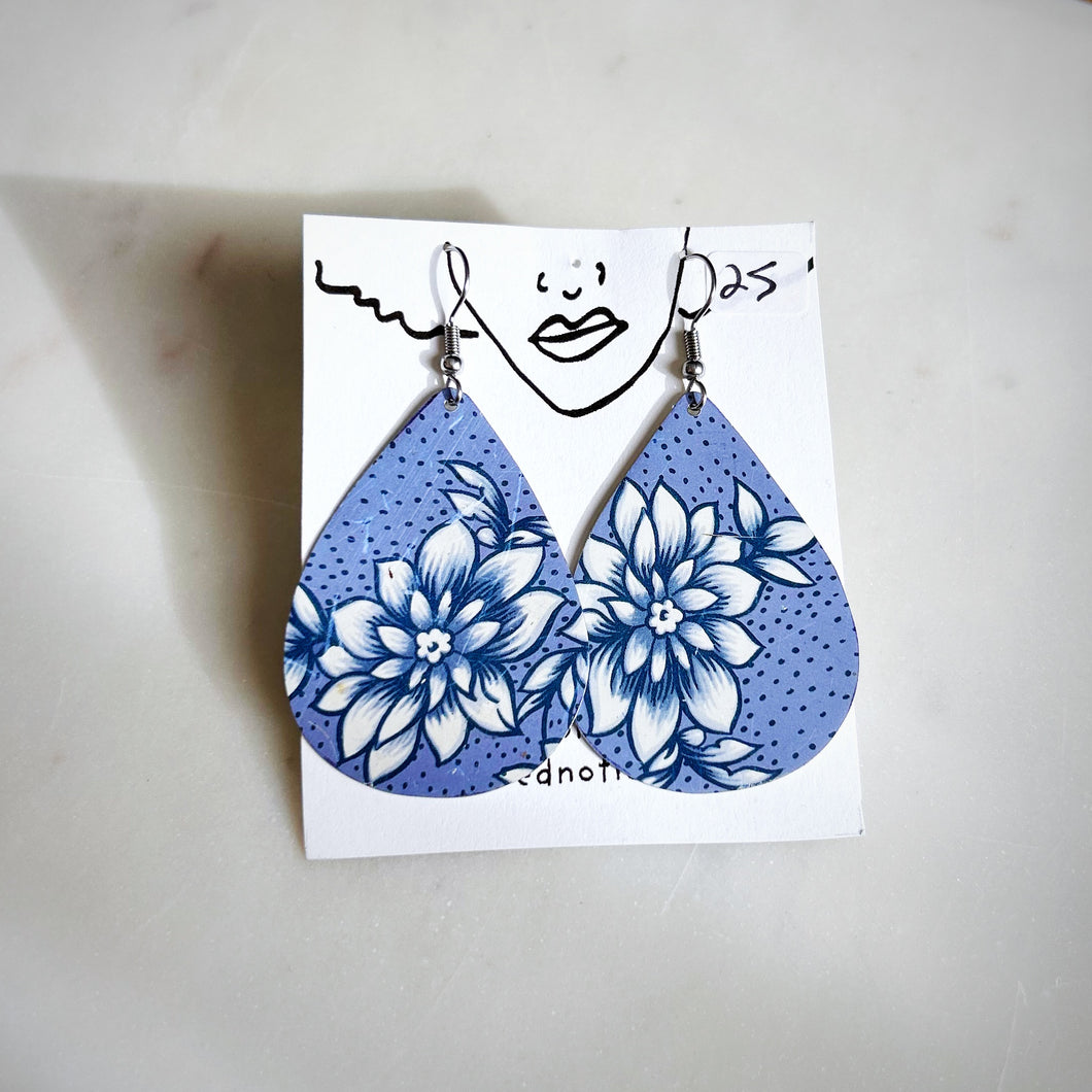 Blue and White Floral Large Drop Earrings
